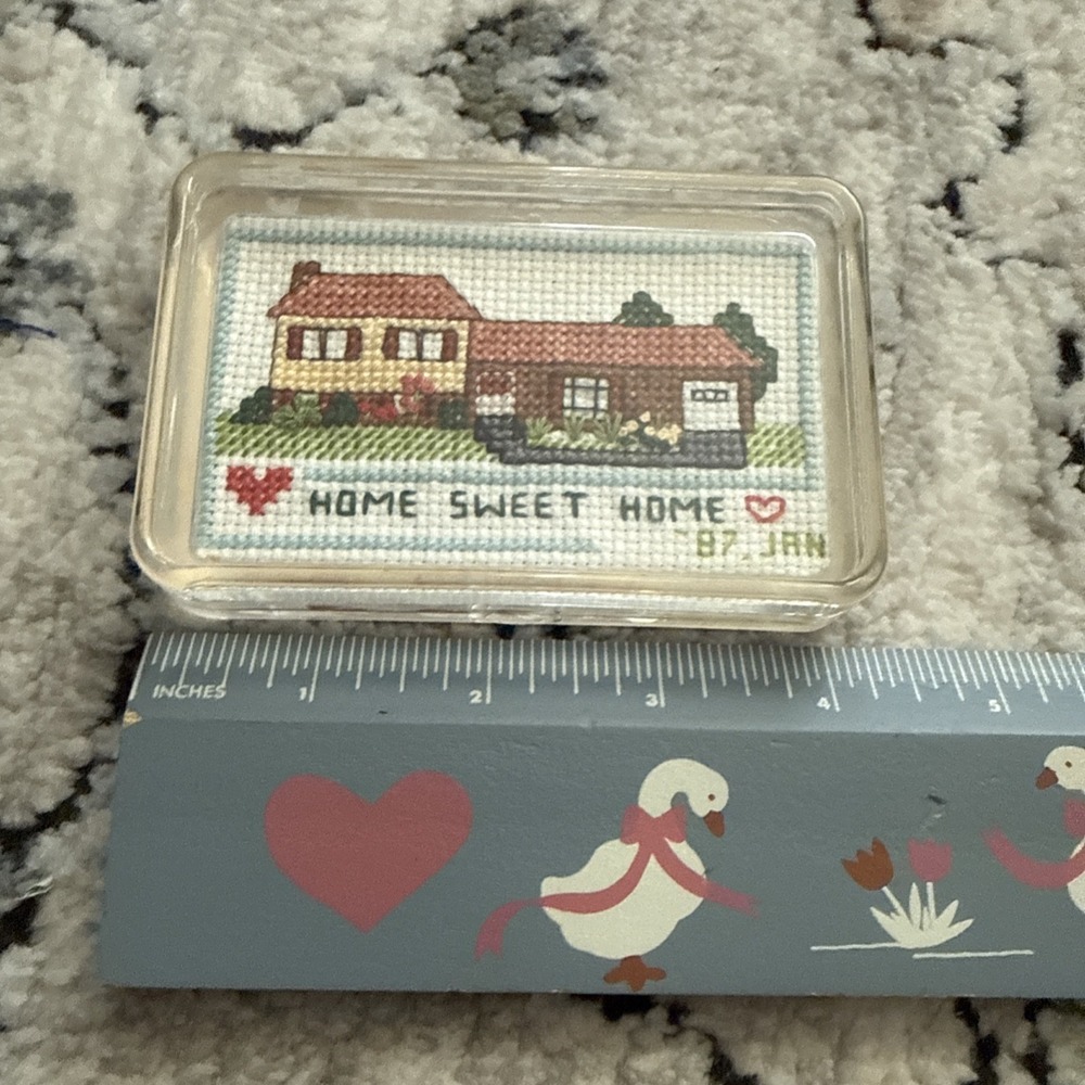 Vintage Miniature‎ Home Sweet Home Sign Needlepoint Style Tri-level Home 1987